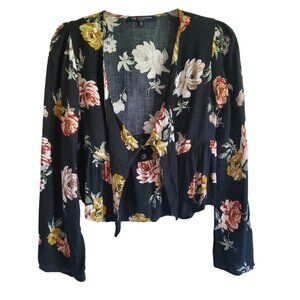 One Clothing Los Angeles Floral Cropped Peplum Long Funnel Sleeves Blouse